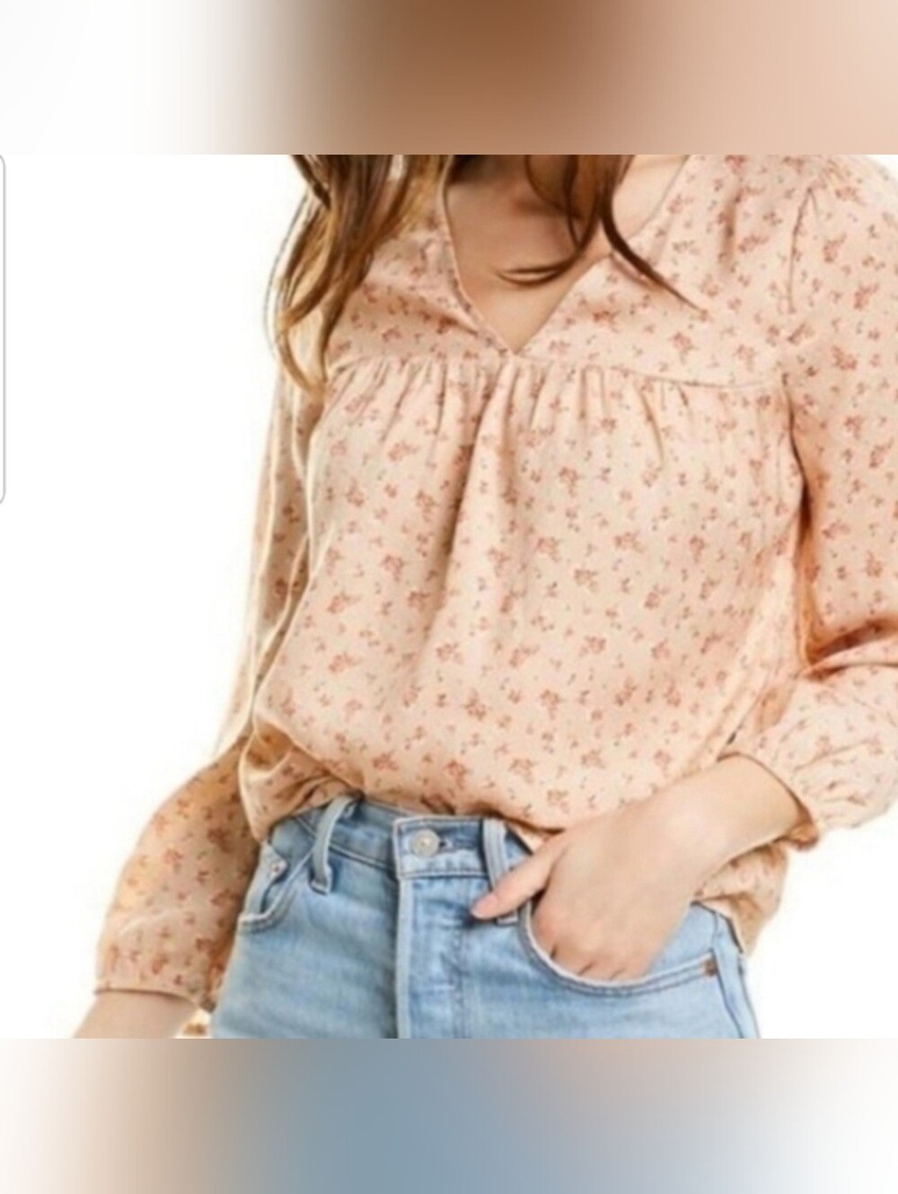 Madewell Soft Blush Floral Peasant Blouse V-Neck Long Sleeve Boho Top Blouse